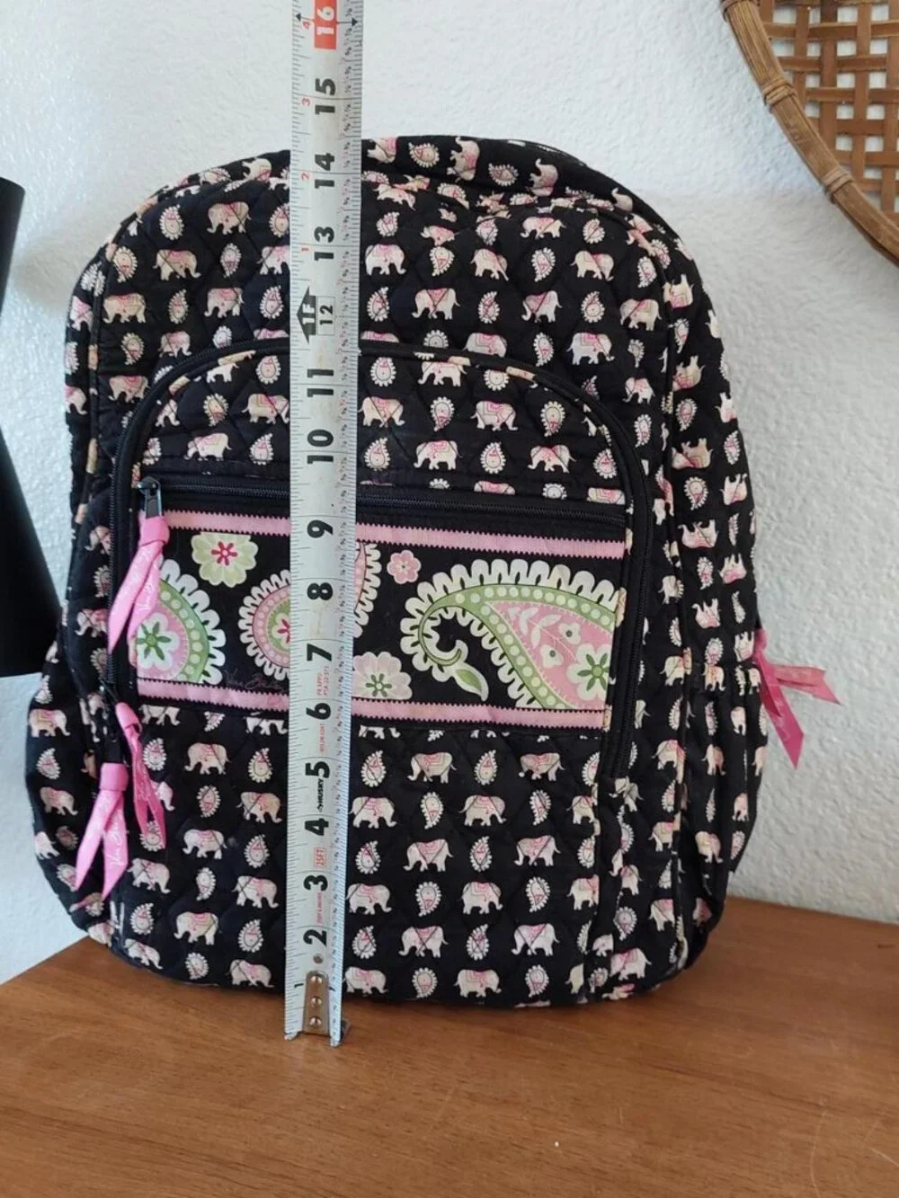vera bradley backpack Pink & black backpack with white elephant and leaf pattern